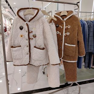 韩梦恋冬季女士睡衣加绒加厚夹棉连帽中长款宽松可外穿家居服套装