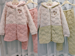 圆壳冬季女士三层加厚夹棉袄睡衣拉链中长款时尚保暖牛奶绒家居服