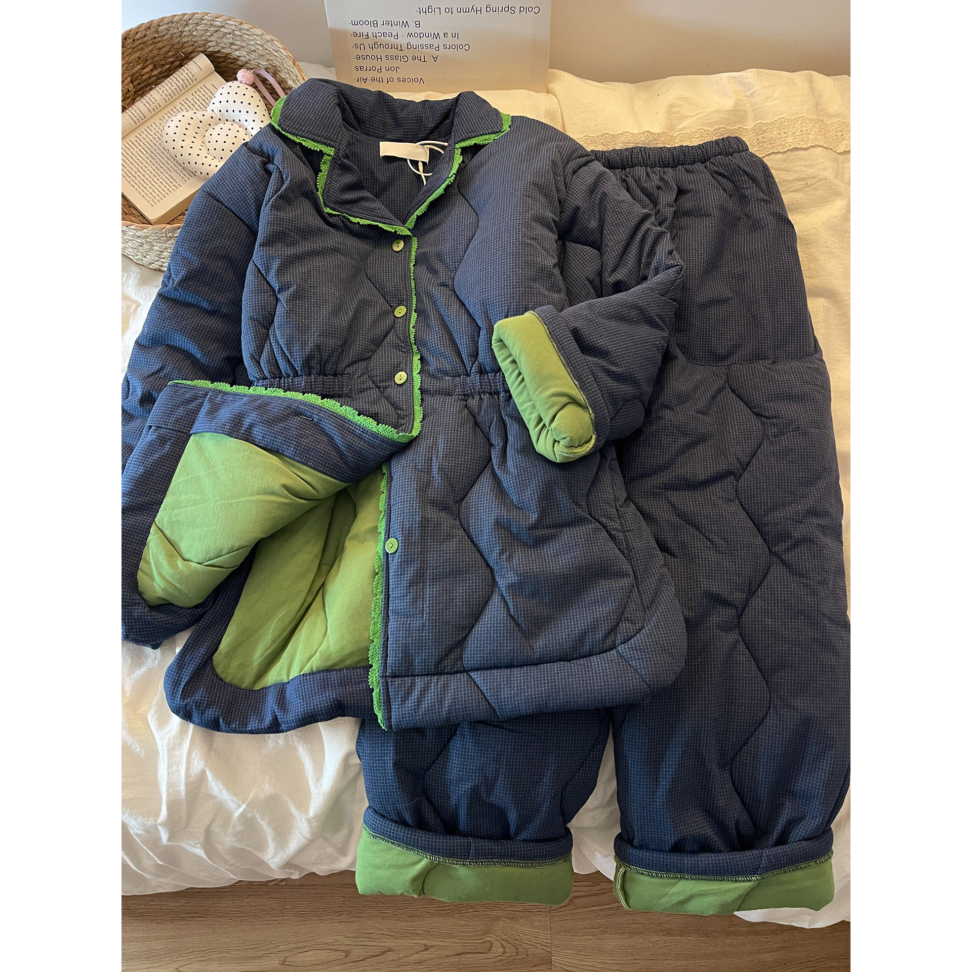 韩版撞色夹棉保暖睡衣女款秋冬加厚加绒棉服保暖家居服套装可外穿