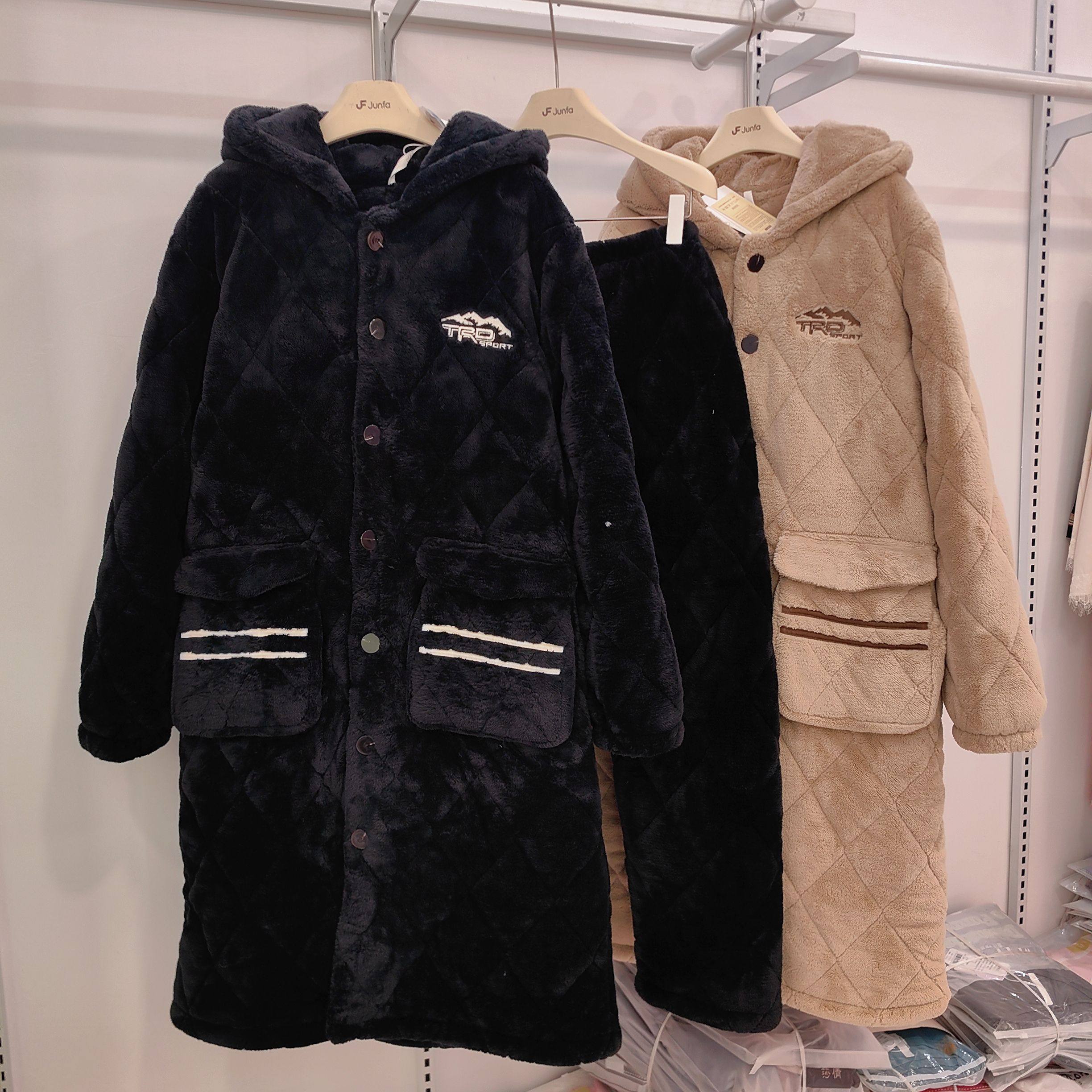 男士睡衣冬季加绒加厚珊瑚绒睡袍三层夹棉袄长款湖南省服家居服黛