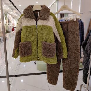 韩梦恋冬季三层夹棉袄拉链睡衣女士珊瑚绒冬款加厚加绒保暖家居服