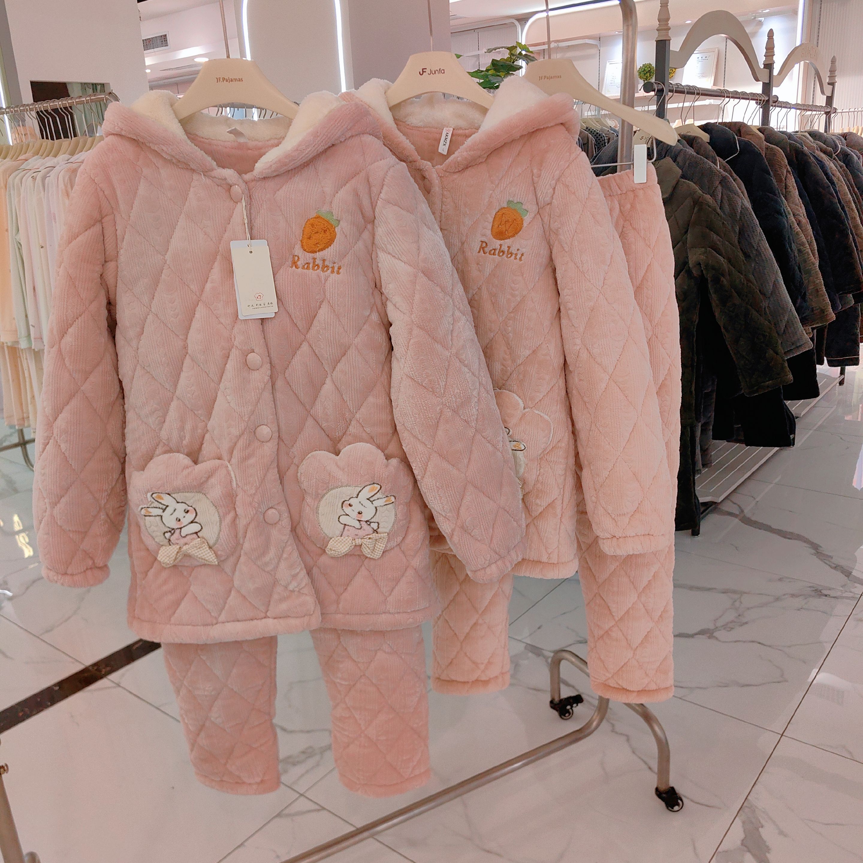 安可美睡衣女士冬季三层加厚珊瑚绒夹棉袄家居服可出门棉衣女特价