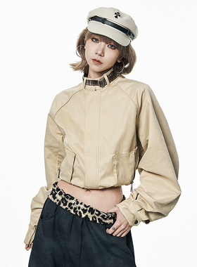 VCR STUDIO浅卡其美式复古工装立领短外套女秋设计感休闲夹克潮
