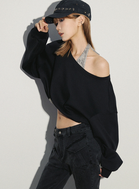 VCR STUDIO假两件豹纹吊带斜肩露肩一字领宽松显瘦秋辣妹休闲卫衣