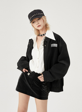 VCR STUDIO男女同款加厚时髦廓形美式休闲外套女秋宽松黑色皮夹克