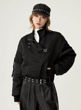 VCR STUDIO重磅超暖设计感黑色飞行员夹克女冬面包服加厚兔毛棉服