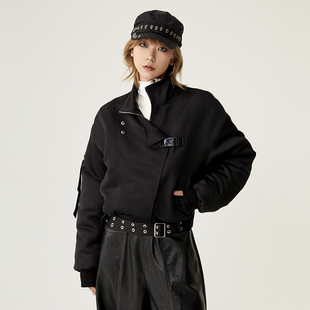 VCR STUDIO重磅超暖设计感黑色飞行员夹克女冬面包服加厚兔毛棉服