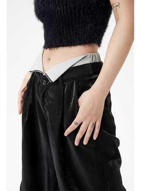 VCR STUDIO鎏金双腰辣妹设计休闲裤女秋冬黑色宽松廓形复古阔腿裤