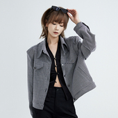 STUDIO 限时3折 VCR 秋小香风垫肩黑白编织格纹原创设计感短外套