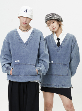 限时3折！VCR STUDIO 无性别牛仔V领套头卫衣 复古街头宽松男女秋