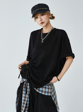 VCR STUDIO原创冰丝短袖T恤男女款显瘦抽绳不规则设计夏宽松上衣