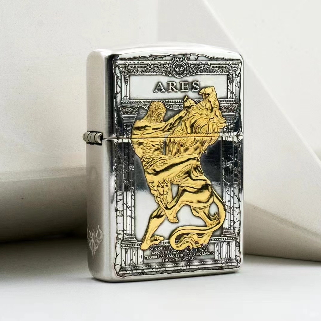 【鎏金—双面阿瑞斯战神】蚊版纯银盔甲手工浮雕正版zippo打火机