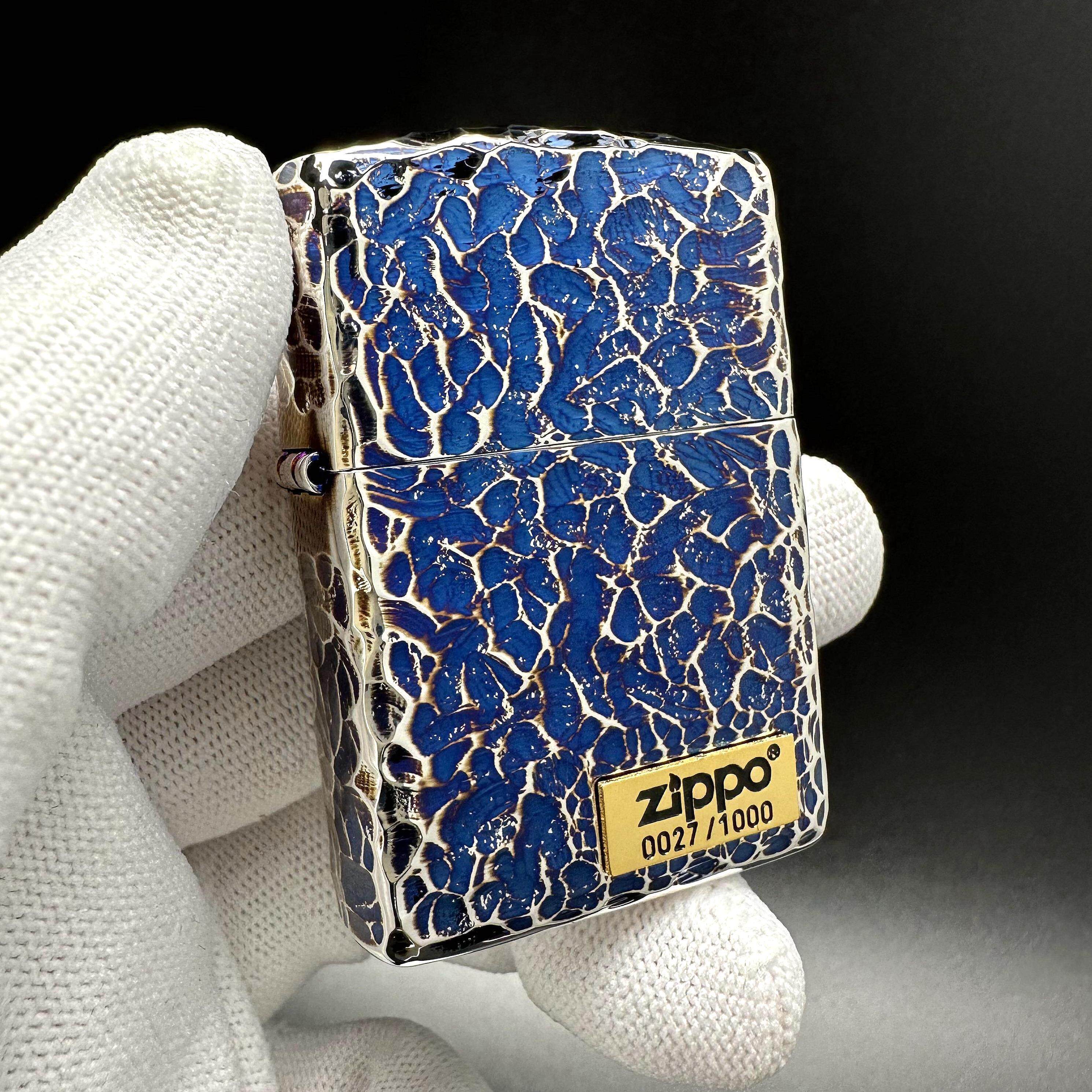 ZIPPO煤油打火机 日版原版盔甲环绕熏银烤蓝下标限量版陨石坑