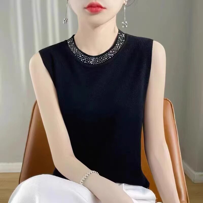 气质镶钻羊毛吊带女春季新款西装内搭圆领黑色背心无袖毛衣打底衫