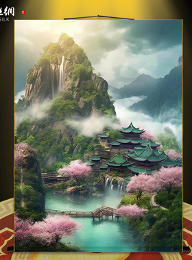 仙家堂口客厅山水画仙堂背景东北堂屋风水画风景画供奉丝绸挂画