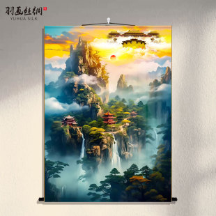 仙家堂口山水画背景墙天宫仙境亭子堂单暗堂风景装饰画无活物挂画