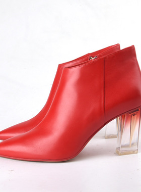 羊皮34-38恋尚萝莎Linea Rose 红色透明跟女厚底增高短靴子尖头女