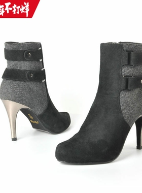36 羊皮绒面 爱意AEE旗下爱魅ameda 高跟低筒靴短靴女靴灰黑拼色
