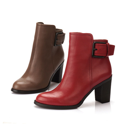 头层牛皮SSU粗跟短靴子皮带装饰