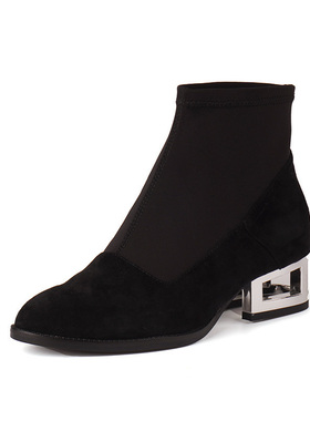 羊皮shellys英国 翻毛皮镂空跟中跟站不累弹力瘦瘦方头时装短靴子