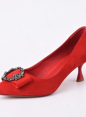 34-38羊京真皮Scenic 蝴蝶结婚鞋女水钻红色新娘尖头细跟高跟单鞋