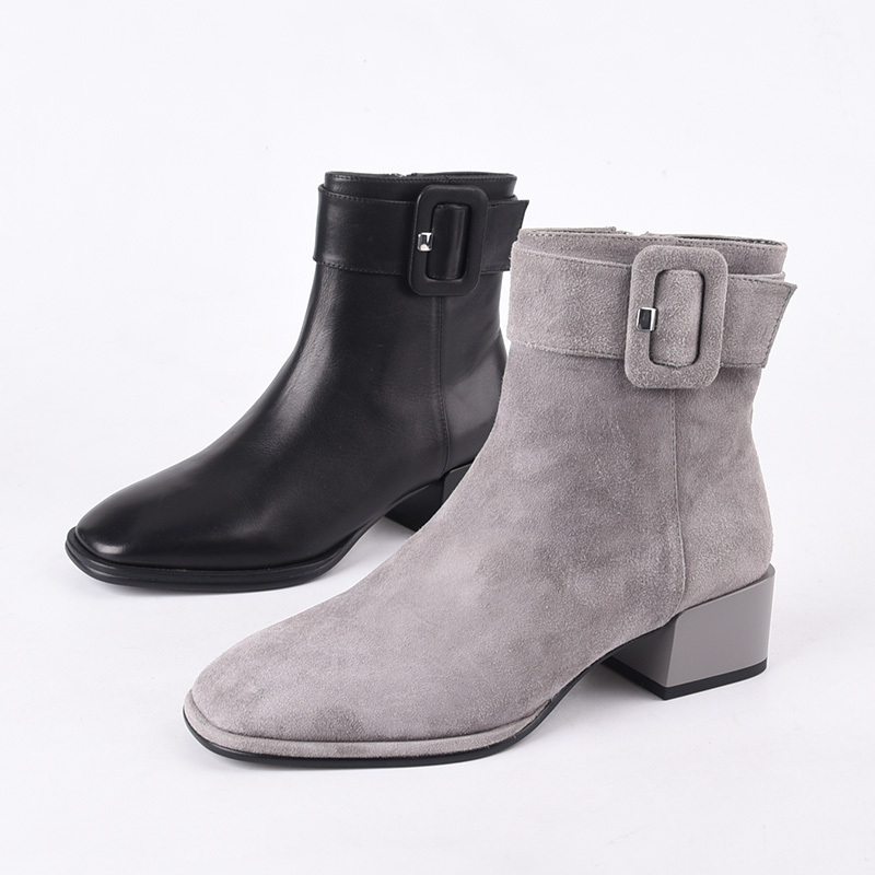 莱尔斯丹头层牛皮侧拉链灰色短靴