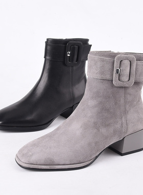 全真皮34-36 莱尔斯丹Le saunda 浅灰色秋冬方头粗低跟侧拉链短靴