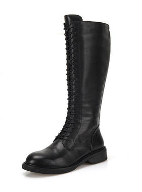 39全牛皮Diduo 前系带长筒靴马丁显瘦女高筒靴子女冬加绒黑骑士靴