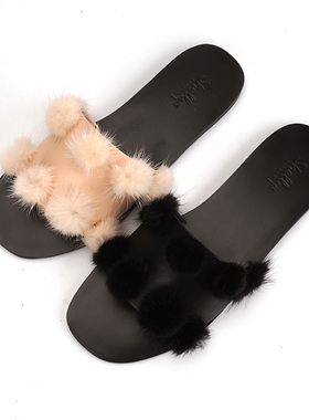 牛皮shellys英国35-36/39兔毛毛球春新平底女拖鞋可外穿家居凉拖