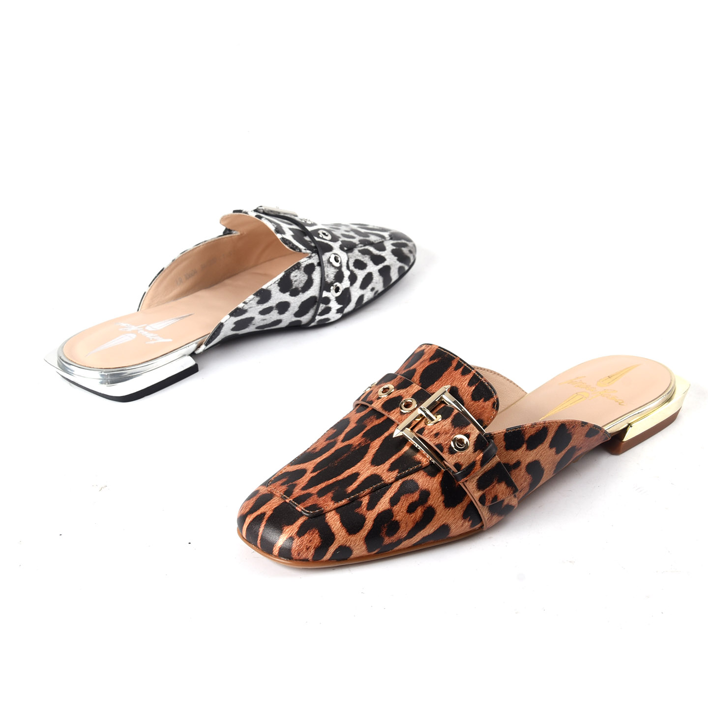 恋尚萝莎真皮马毛豹纹包头半拖鞋