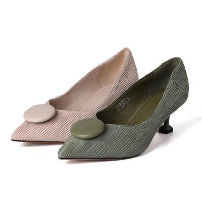 圆口高跟鞋AMIU艾妙条纹绿色米色