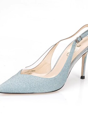 35-36格利特羊皮Diduo迪朵 蓝色夏天女宴会闪亮片细高跟凉鞋尖头