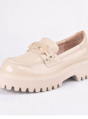 牛皮35-36莱尔斯丹le saunda米色金属扣乐福浅口单鞋女厚跟女皮鞋