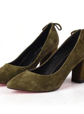 35羊皮Scenic墨绿色2025春款正装面试单鞋工作尖头时装女粗高跟鞋