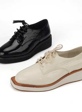 35/39真皮shellys英国 布洛克小黑皮鞋女系带厚底松糕坡跟单鞋