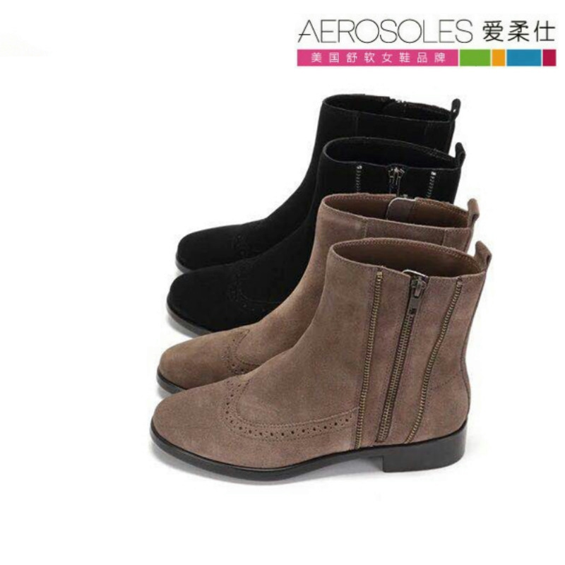 Aerosoles爱柔仕雕花皮中靴短靴