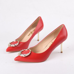 圆钻扣红色尖头女金属细高跟鞋 Rosa恋尚萝莎 39头层牛皮Linea