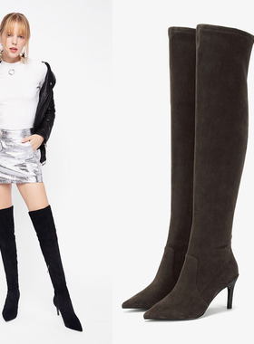 羊皮Aee爱意34-40女人味性感细高跟长筒靴过膝靴女长靴尖头显瘦腿