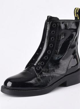 35-36牛皮 Shellys英国 猪皮里漆皮女中跟圆头短筒靴黑色冬无鞋带