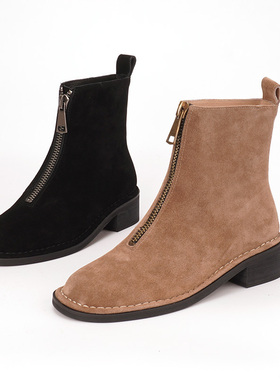35-39真皮shellys女秋冬新款靴子切尔西简约烟筒英伦小短靴前拉链
