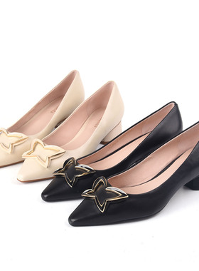 羊皮34-36莱尔斯丹Linea Rosa蝴蝶扣浅口单鞋女低粗跟尖头米黑色
