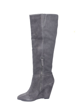 37头层牛皮Pour la Victoire灰色4K+尖头过膝长靴女冬坡跟高筒靴