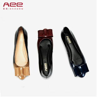 34-39牛漆皮 Aee爱意 浅口圆头女单鞋渐变色圆头平底蝴蝶结显脚瘦