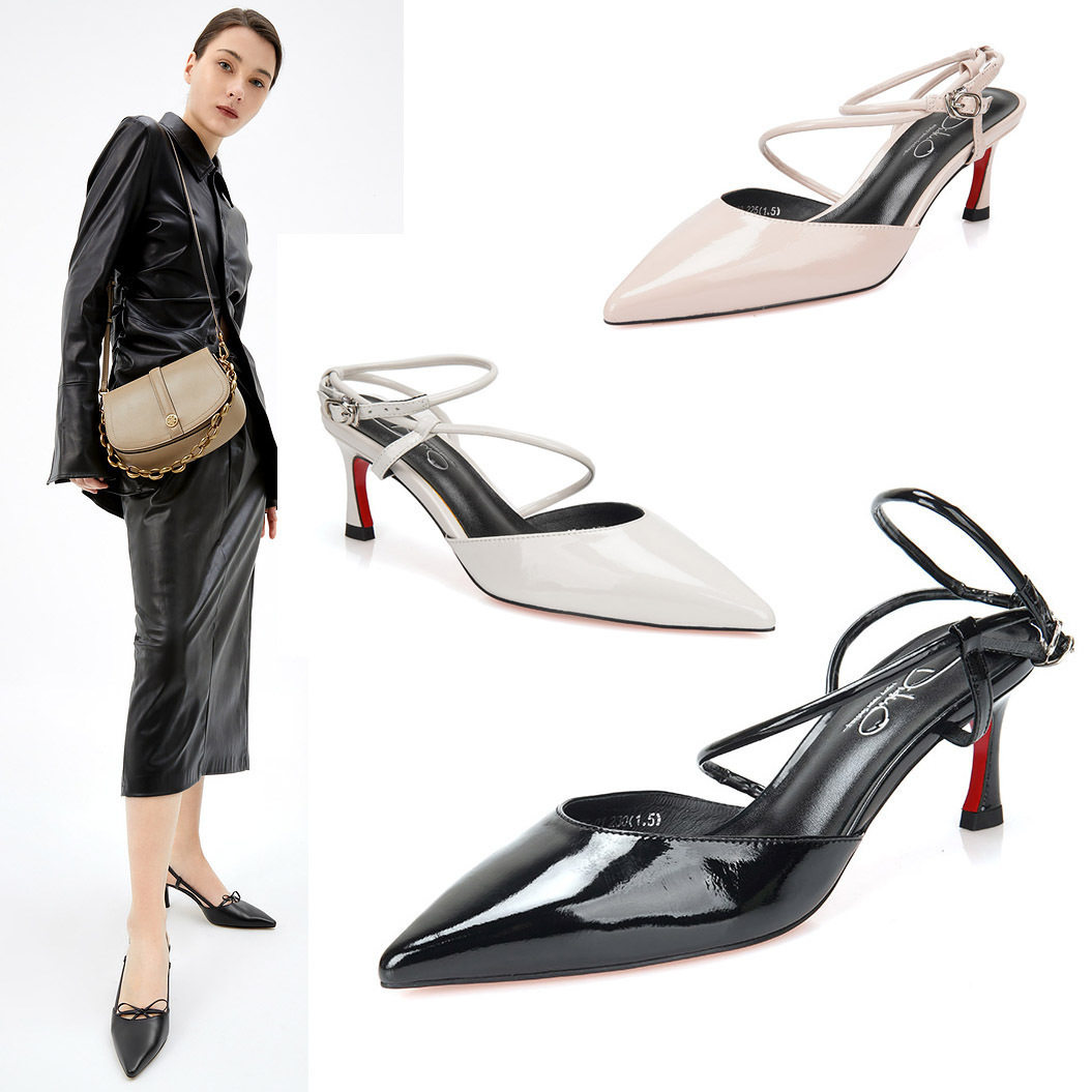 迪朵中跟简约羊皮尖头细带女鞋