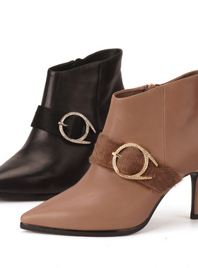 胎牛皮Shellys专柜正品 英国黑高跟2024秋冬水钻装饰尖头细跟短靴