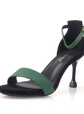 37 绒布 Scenic 墨绿色折扣女人味高跟细跟法式凉鞋法式气质小众