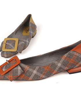 36牛皮shellys英国 猪皮里低跟单鞋女格子浅口一脚蹬女温柔晚晚鞋