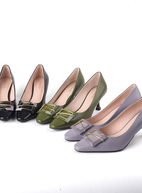 羊皮34-37莱尔斯丹le saunda金属扣尖头浅口单鞋女中跟白领通勤女