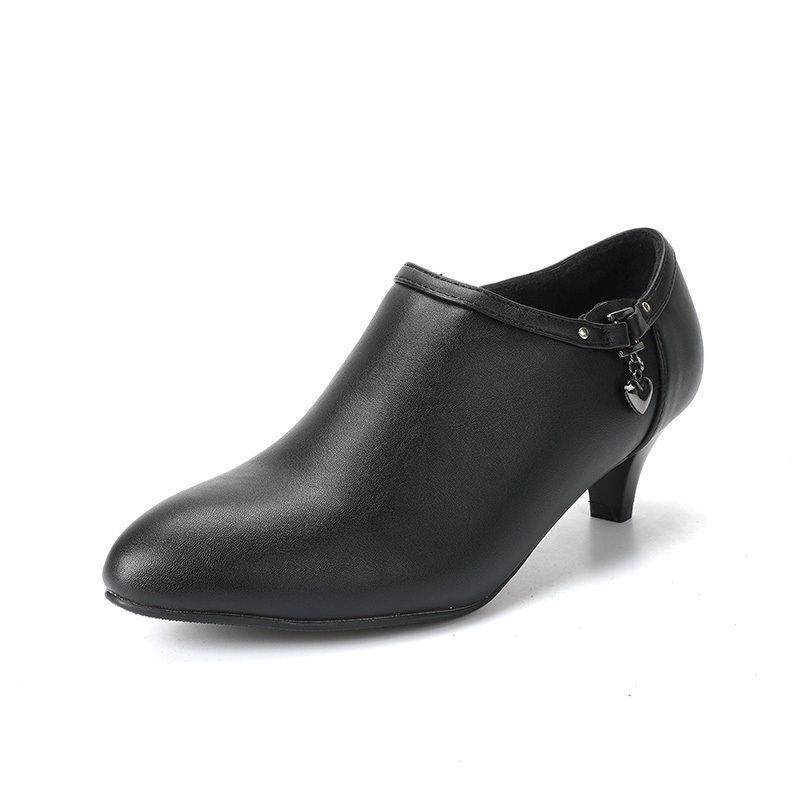 33-35牛皮37-40加绒里ZUSE保暖工作圆头小短靴女中跟侧拉链及踝靴