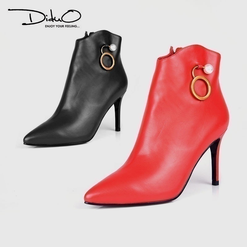 迪朵diduo珍珠红色短靴细跟尖头